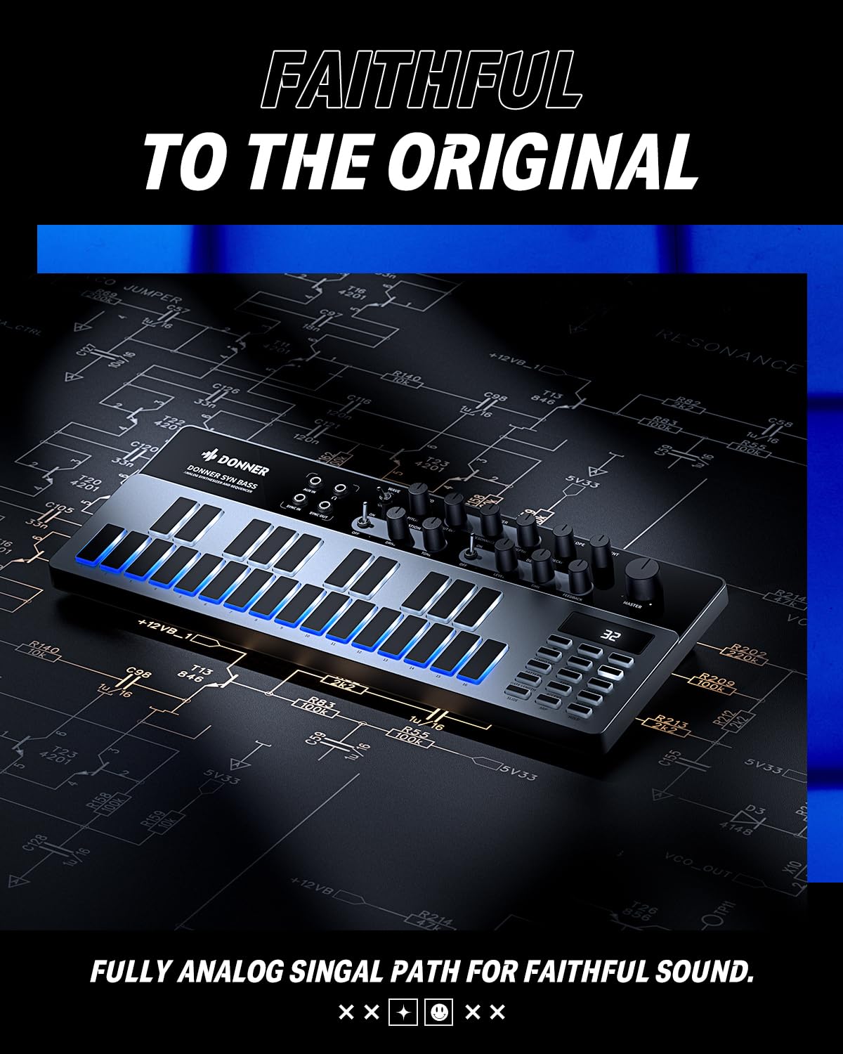 Analog Bass Synthesizer and Sequencer, Donner Essential B1 with Intuitive User Interface, 128 Patterns Memory, Saturation & Dela